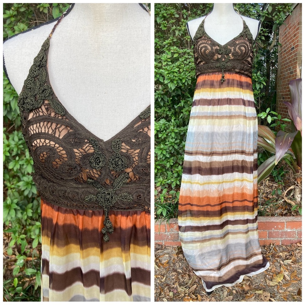 Crochet Halter Top Maxi Dress - Size 10, 100% Silk, Sue Wong, Boho Summer Beach